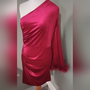 NWT Pretty Garden Red Velvet One Shoulder Dress M Medium